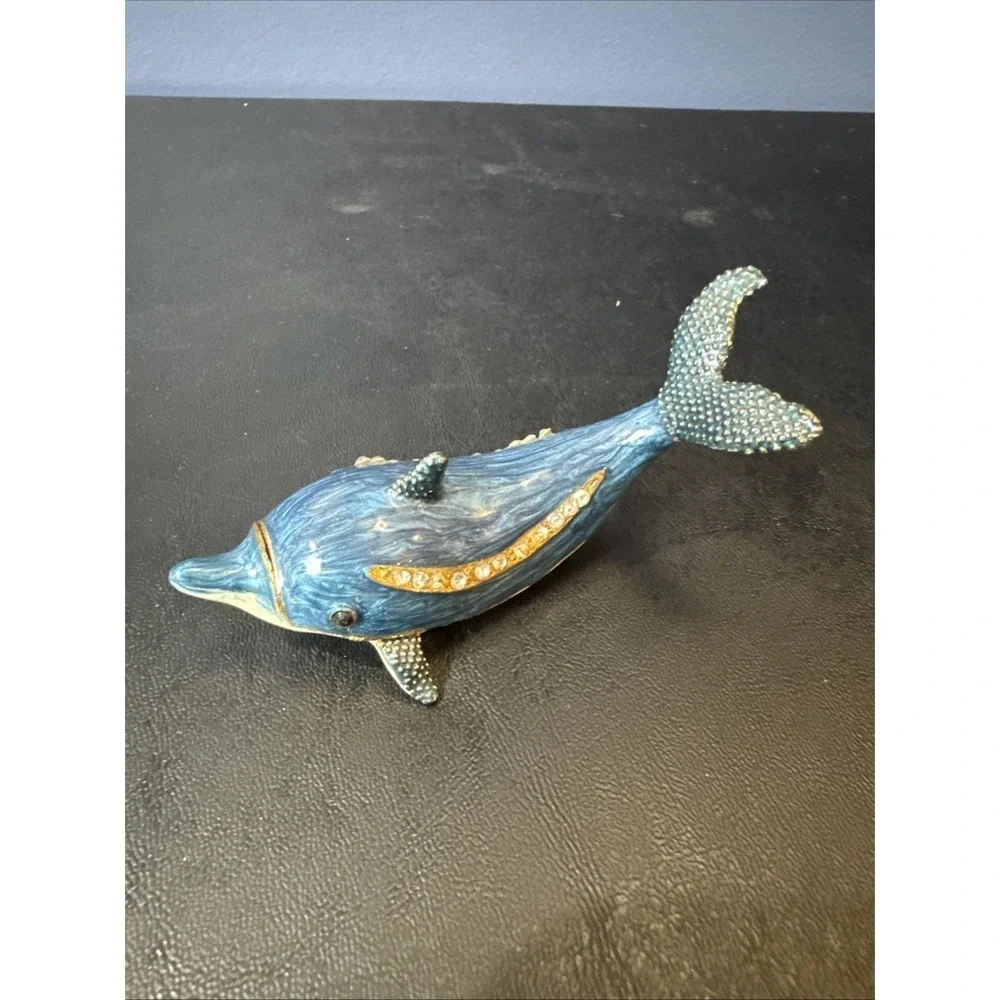 Enamel Trinket Box‎ Blue Dolphin Porpoise Fish Rhinestones Ocean Beach 3 1/2